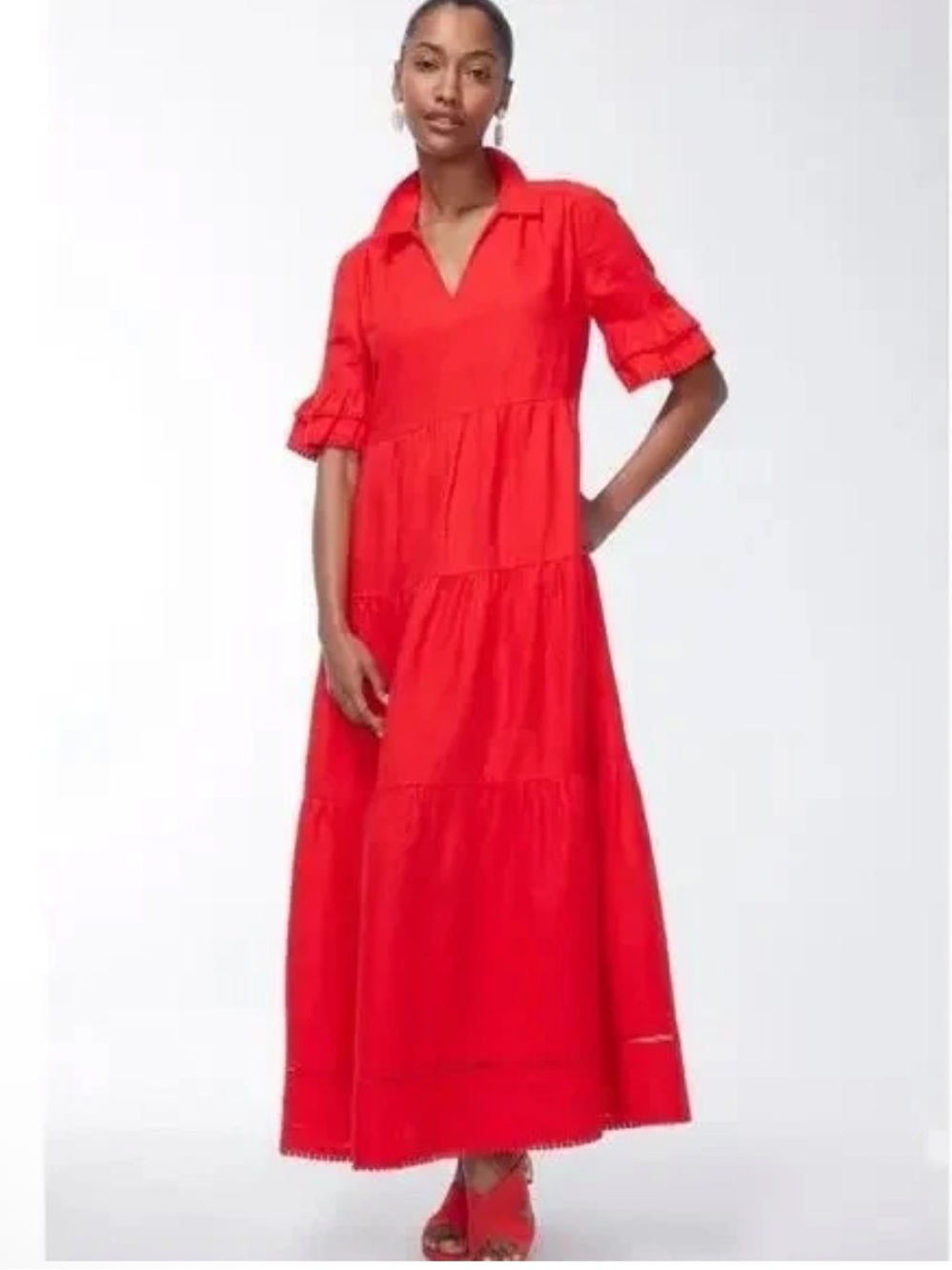 Chico's Bright Red Linen Collared Tiered Maxi Dress